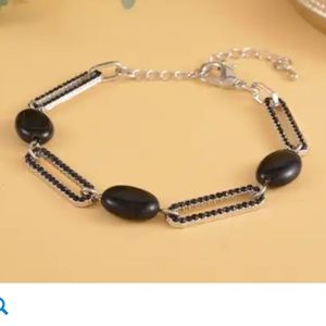 Black Onyx and Black Austrian Crystal Paper Clip Station Bracelet in Silvertone